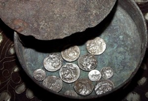 Alexander coins in bronze box, Syria
