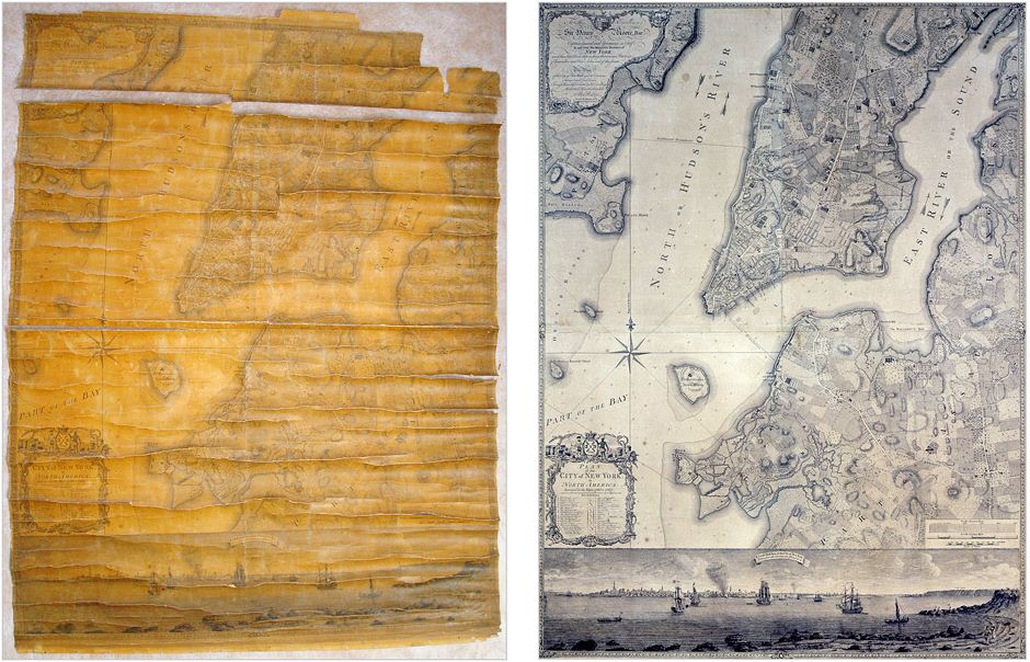 Ratzer "Plan of the City of  New York" map, 1770, before (l) and after (r) restoration