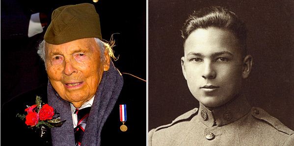 Frank Buckles, during a Veteran’s Day ceremony at Arlington National Cemetery at Arlington, Virginia, 2007, left, and in his U.S. Army enlistment photo, 1917. 