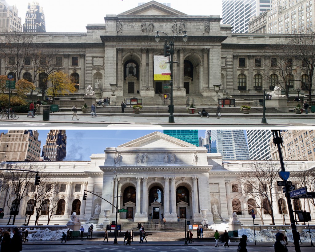 NYPL facade before (above) and after (below)