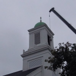 Westborough First Baptist Church belfry, crane in place to remove bell