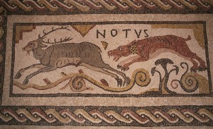 Stolen hunting scene labeled "Notus,", the south wind in Greek