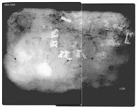 X-ray of soil block shows new types of silver buckles from horse gear. Photo courtesy the Skanderborg Museum.