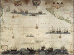 Willem Janszoon’s Vliege Bay, Dubbelde Rev., R. Visch, and Cape Keerweer, all in Australia, labeled as the southern coast of Nueva Guinea on Hessel Gerritszoon’s map of the Pacific Ocean, 1622.