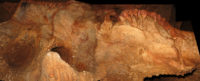 Panel 3 in Maltravieso Cave showing 3 hand stencils (centre right, centre top and top left). One has been dated to at least 66,000 years ago and must have been made by a Neanderthal. (Credit: H. Collado)