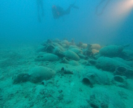 Divers survey amphora field from 3rd century B.C. shipwreck off Croatia. Photo by Saša Denegri and Robert Kramarić.