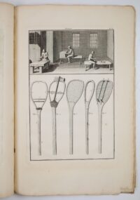 Illustration of racquets and paumier-racquetiers at work in "Art du paumier-raquetier, et de la paume" by François-Alexandre Pierre de Garsault, 1767.