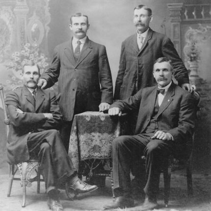 Benjamin Pumphrey (1854-1927), far left, and Addison Pumphrey (1869-1931), second from left, as well as two other unidentified brothers. Descendants of several of these men provided critical DNA samples that helped to identify Private Pumphrey, who died at the Battle of Camden in 1780. Courtesy of Kuethe Library.