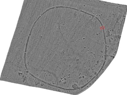 Remote sensing image of 6,500-year-old Neolithic ritual enclosure with excavated entrance circled in red. Photo courtesy University of West Bohemia.