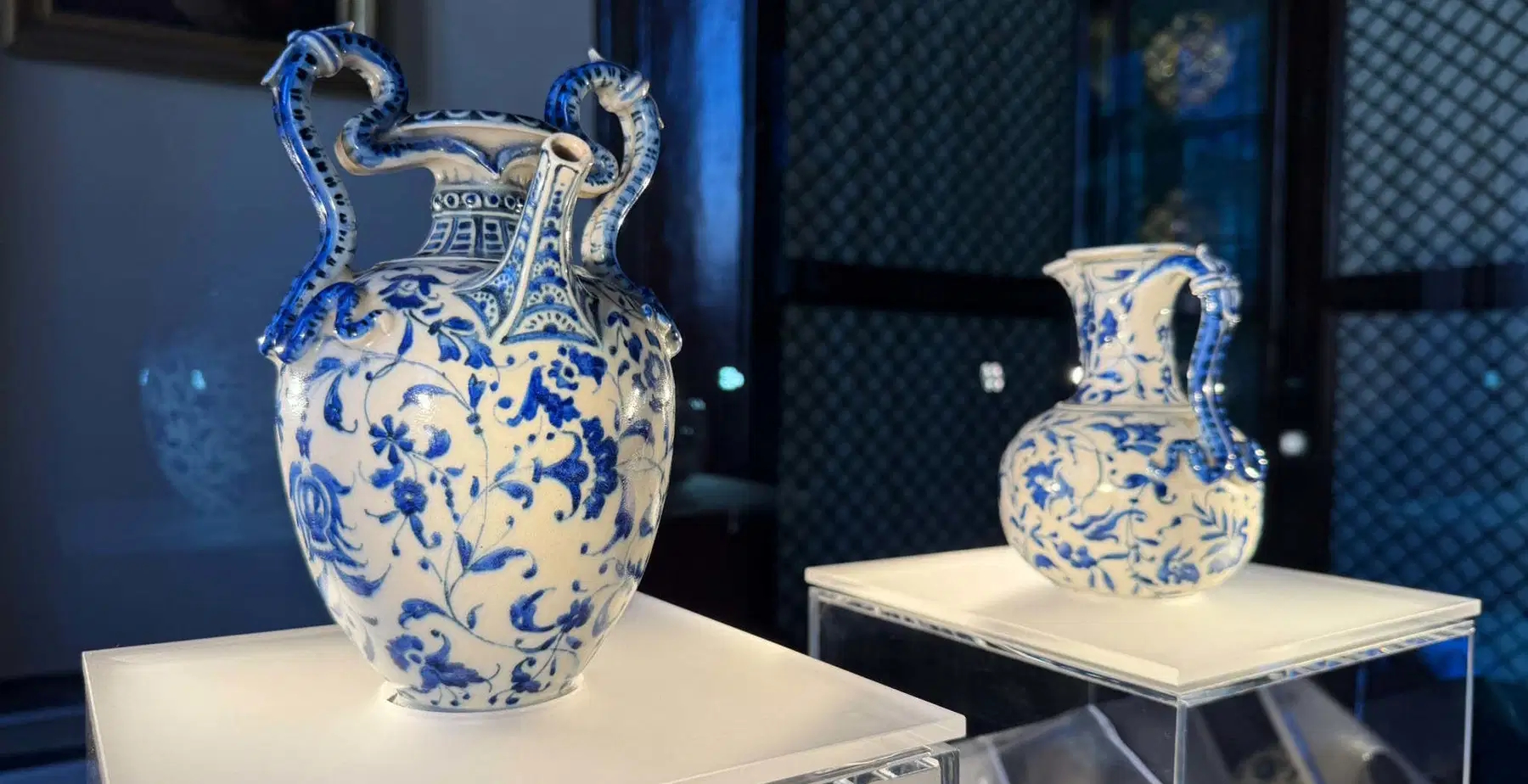 Two Medici porcelain serpentine vases on display in the Greek Hall at the Museum of San Marco. Photo courtesy Museo di San Marco.